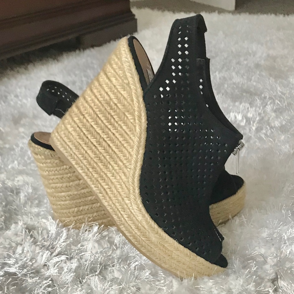 Women's Girl's Black Suede Zipper Espadrille Wedge Platform Sandals Shoes Size 8